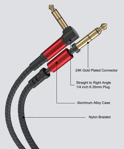 Vista 3 de Cable de guitarra TRS de 1/4 pulgadas, paquete de 2 cables de instrumento, cable AMP de guitarra recto a ángulo recto, cable de audio estéreo
