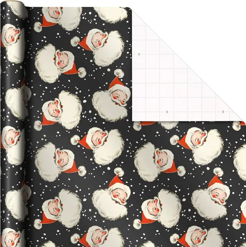 Vista 3 de Hallmark - Papel de regalo de Navidad negro con líneas de corte en el reverso (3 rollos: 11.2 m2) Papá Noel retro, cuadros de búfalo blanco y negro