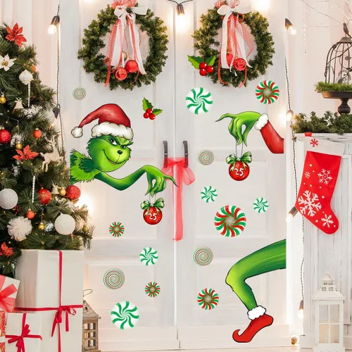 Vista 11 de Adhesivo decorativo para puerta de Navidad, calcomanías de puerta de vidrio de temporada extraíbles con calcomanías de copo de nieve para ventana