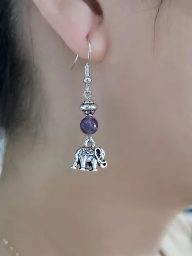 Vista 3 de SUKKCCNO Aretes de plata de ley 925 vintage, diseño de elefante, amatistaesmeralda, diseño de animales de la suerte, hipoalergénicos, regalo