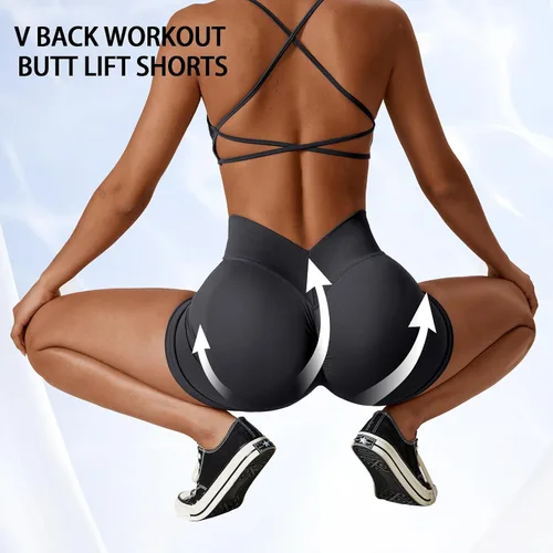 Vista 4 de Adisputent Pantalones cortos de gimnasio para mujer con levantamiento de glúteos, pantalones cortos de entrenamiento en V cruzado, sin costuras