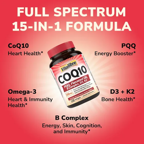 Vista 2 de Vitalibre CoQ10 200 mg, ubiquinona con PQQ, folato, niacina, K2, D3, pimienta negra, potente antioxidante, potenciador de energía, 120 cápsulas