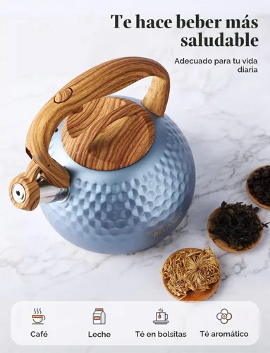 Vista 2 de BELANKO - Tetera de acero inoxidable de 2.7 cuartos de galón para estufa, de grado alimenticio con mango de patrón de madera, con silbido fuerte
