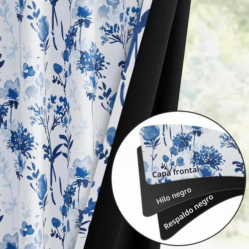 Vista 3 de Cortinas opacas 100% opacas con flores de 54 pulgadas de largo, color azul mixto para oscurecer la habitación, paneles de cortina para dormitorio