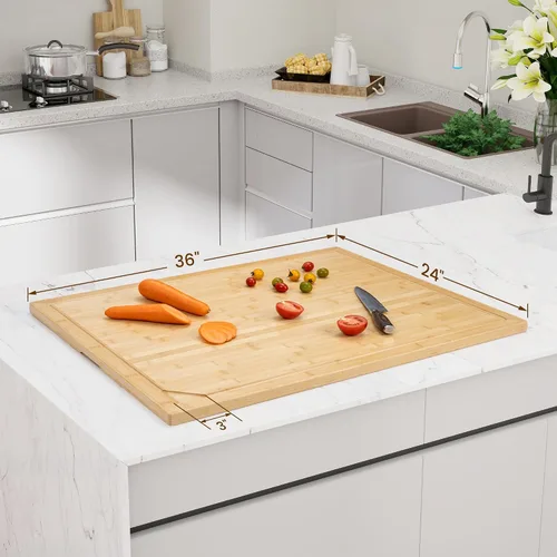Vista 2 de Tabla de cortar de bambú de 36 x 24 pulgadas, bloque de carnicero extragrande 4XL con ranura para jugo y mango antideslizantes, cubierta de estufa