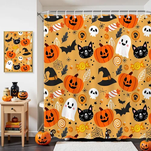 Vista 2 de Mocsicka Bonita cortina de ducha de Halloween de 72 x 72 pulgadas, cortina de ducha naranja de dibujos animados de gato y fantasma, cortina de ducha