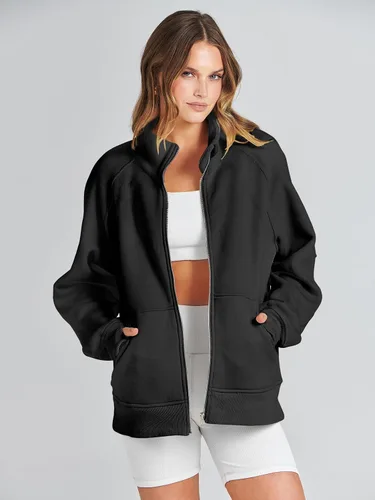 Vista 3 de Caracilia Sudaderas de gran tamaño para mujer, de manga larga, con cremallera, a la moda, a la moda, chamarras, ropa cómoda