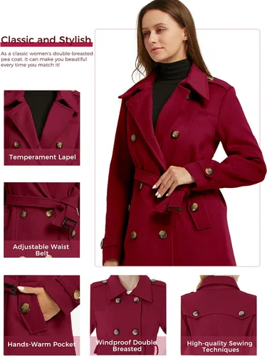 Vista 5 de wantdo - Piloto estilo marinero con doble botonadura para mujer, abrigo de invierno de longitud media con cinturón