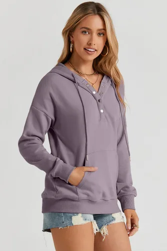 Vista 8 de Dokotoo Sudaderas con Capucha para Mujer 2025 con Cuello de Botón Cordón Ajustable Sudadera con Capucha Pullover Casual de Manga Larga Tops Camisetas
