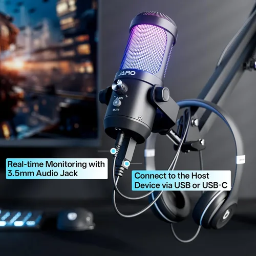 Vista 6 de JARO Micrófono USB para podcast con brazo de brazo, micrófono de condensador de estudio con monitoreo en tiempo real, silencio, control de volumen