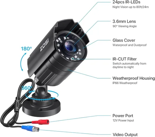 Vista 6 de ZOSI Cámara de seguridad 1080P HD TVI para la oficina en casa sistema de vigilancia CCTV Bullet BNC cámara con visión nocturna negro (renovado)