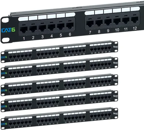 Vista 14 de ICC Panel de conexiones CAT5e, listado UL y aplicaciones Gigabit con clasificación PoE++, panel de conexión de red de 24 puertos 1U de 19 pulgadas