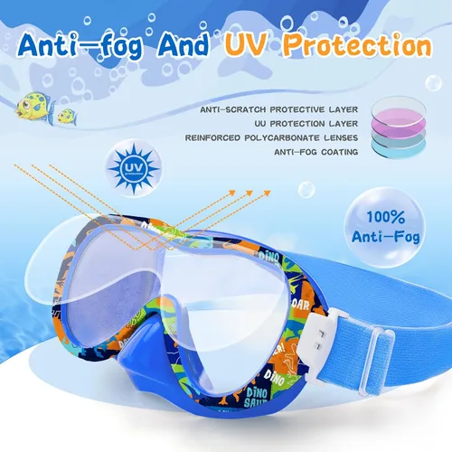 Vista 4 de Gafas de natación para niños con cubierta para la nariz, máscara de esnórquel panorámica de 180° con diseño antivaho y antifugas, correa de tela