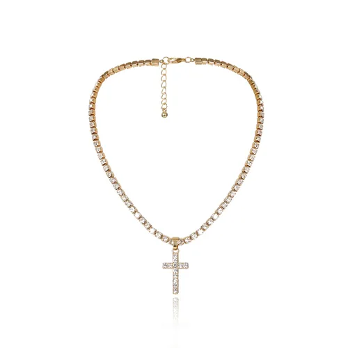 Vista 2 de Zehope Gargantilla de diamantes de imitación con cruz de cristal dorado, collares con colgante de cruz y cadenas de joyería para mujeres y niñas