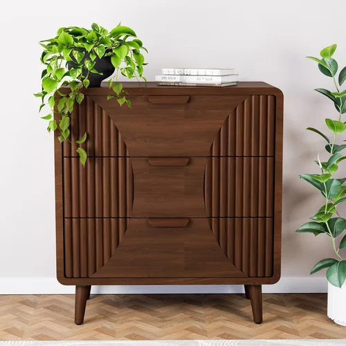 Vista 11 de HOMPUS Cómoda de 3 cajones de mediados de siglo, cómoda moderna con patrón de círculos concéntricos, mesita de noche con 3 cajones