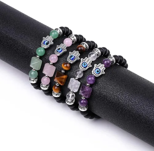 Vista 5 de Lmcheny Natural Healing Crystal Stretch Beaded Bracelet, Evil Eye Pyramid Chakra Bracelet Healing Stone Handmade Bracelet for Women