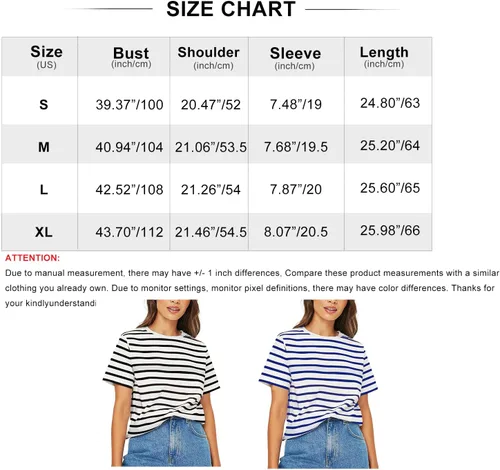 Vista 6 de PEHMEA Camiseta de manga corta con estampado de rayas para mujer, cuello redondo, camisetas básicas de verano para mujer