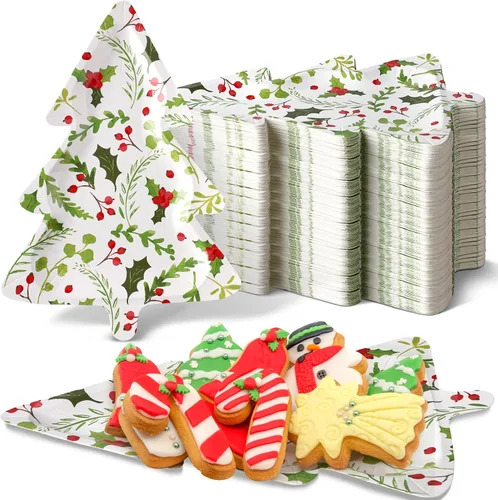 Vista 7 de 100 platos de papel de postre de Navidad de 11 x 7.9 pulgadas, platos de postre desechables en forma de árbol de Navidad, plato de cena de papel