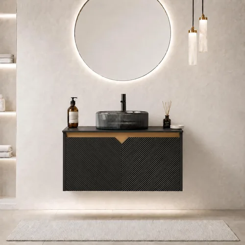 Vista 30 de Vanidad de baño flotante de 24 pulgadas con fregadero, gabinete estriado Fregadero de cerámica negro + negro