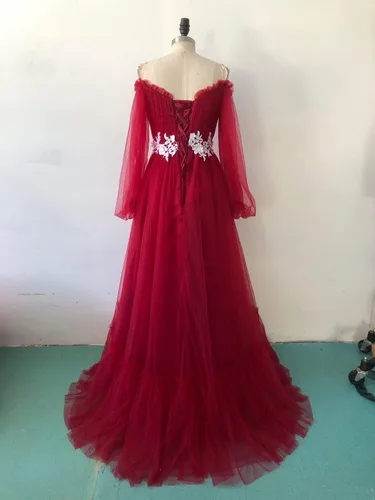 Vista 3 de Vestido de fiesta de manga larga abombada con hombros descubiertos, vestido de noche con escote en A, vestidos de fiesta para mujer
