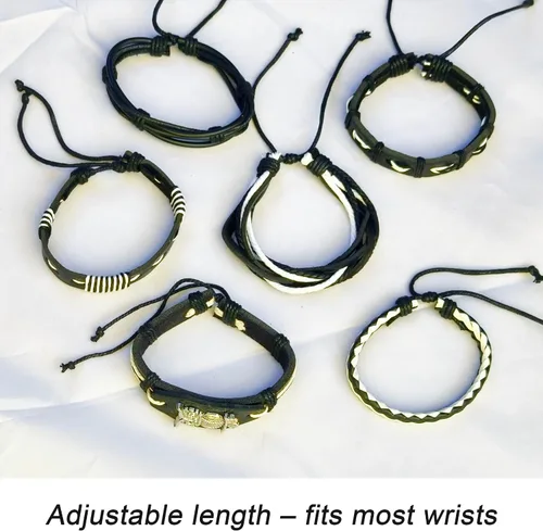 Vista 3 de Juego de 8 pulseras de cuero punk para hombres y mujeres, 6 puños trenzados de poliuretano, collar y llavero, ajustable, apilable