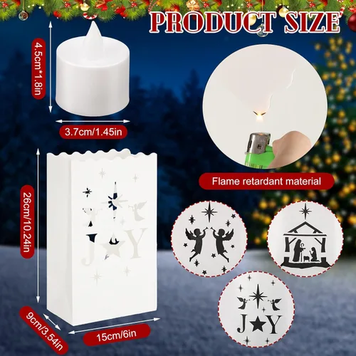 Vista 4 de Meanplan - Juego de 45 bolsas luminarias navideñas con vela LED sin llama Cristiano