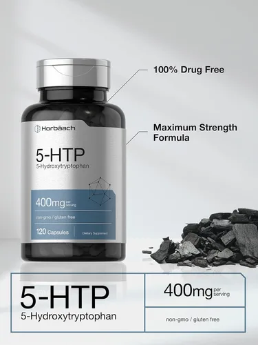Vista 3 de Horbäach Cápsulas 5HTP de 400 mg 120 unidades Suplemento extra fuerte Sin OMG, sin gluten 5 hidroxitriptófano