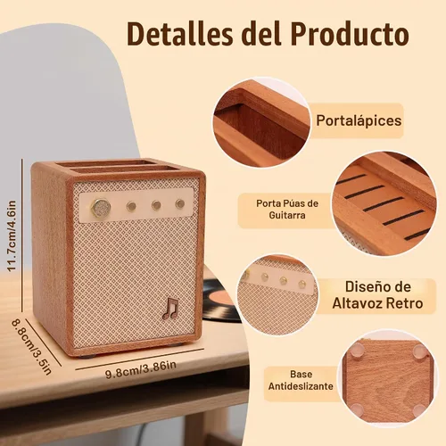Vista 5 de CoolGift Mart Accesorios para Guitarra, Soporte para Púas de Guitarra de Madera Sapele con Estilo de Amplificador y Almacenamiento para Lápices