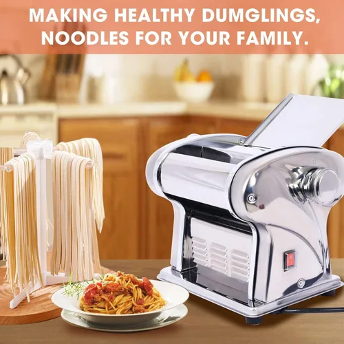 Vista 2 de Máquina eléctrica de pasta, máquina de rodillos de acero inoxidable, 2 cuchillas para fideos redondos delgados de 0.059 in y planos de 0.157 in