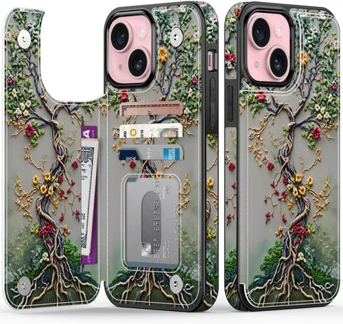 Vista 145 de FUNMIKO Funda tipo cartera para iPhone 15 con tarjetero + clip para efectivo, bloqueo RFID, protección contra caídas de grado militar y obras
