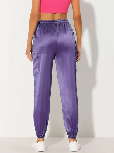 Vista 4 de Allegra K Pantalones deportivos de satén con cordón elástico de cintura alta y satén sedoso para mujer
