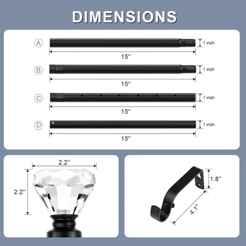 Vista 5 de Orger Barra de cortina de cristal mate negro para ventana de 30 a 54 pulgadas, barra de cortina ajustable con diseño de diamante, barra