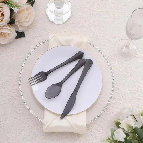 Vista 7 de Efavormart - Juego de 24 cubiertos de plástico transparente negro resistente con mango de punta acampanada, cuchara de tenedor desechable