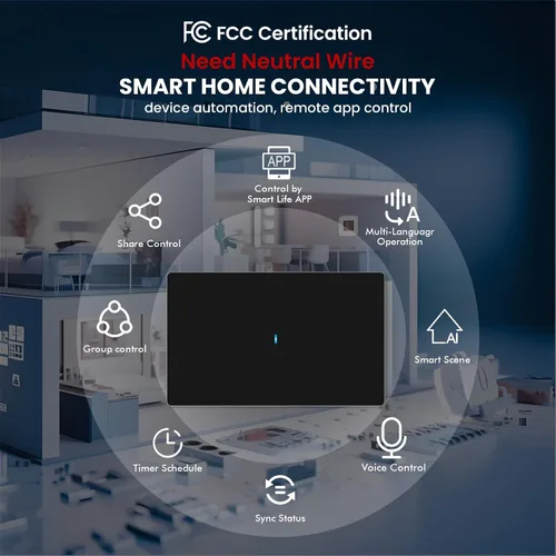 Vista 4 de Interruptor de luz inteligente requiere cable neutro, certificado FCC, interruptor de botón de presión WiFi de 2.4GHz compatible con Alexa, control