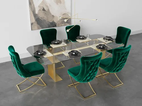 Vista 6 de Ottomanson Royal - Juego de 2 sillas de comedor tapizadas de microfibra copetuda, montadas, patas de metal dorado, marco de madera de haya