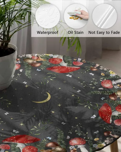 Vista 3 de Mantel Ajustado de Hongos para Mesa Redonda, Cubierta de Mesa de Cocina Botánica Pastoral Floral con Borde Elástico Tela Impermeable, Cubiertas Negro