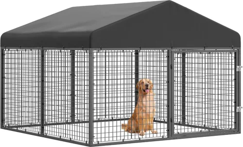 Vista 9 de Petony Perrera para perros al aire libre, valla ideal para perros medianos y pequeños, jaula de revestimiento antioxidante con techo, resistente a