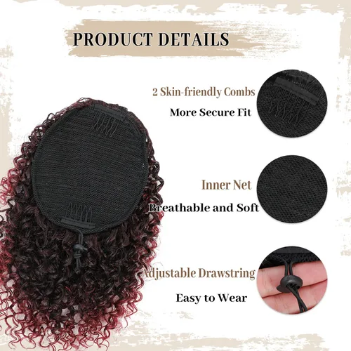 Vista 3 de Cola de caballo con cordón para mujeres negras, cola de caballo rizada afro para mujeres negras, cola de caballo rizada de onda corta, extensiones