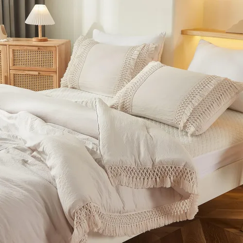 Vista 7 de Juego de 2 fundas de almohada con borlas, color gris crema, 100% microfibra lavada, funda de almohada con borlas hechas a mano beige, paquete de 2
