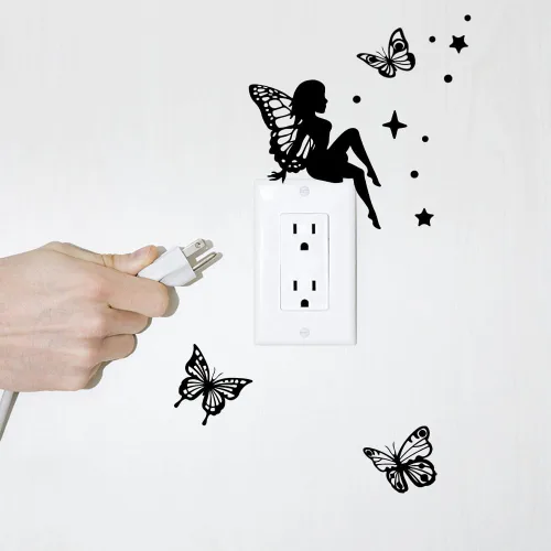 Vista 3 de SUPERDANT Calcomanías de pared de hadas de mariposa negra, elfos, estrellas, luna, interruptor de decoración, pegatina de despegar y pegar