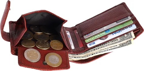 Vista 9 de Cartera de piel de napa marrón con protección RFID para hombre, 5 ranuras para tarjetas, 1 bolsillo para monedas, 2 compartimentos ocultos, 2