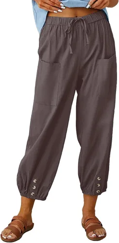 Vista 12 de Pantalones capri de cintura alta con cordón y botón de algodón suelto casual con bolsillos para mujer