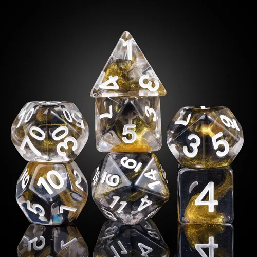 Vista 18 de Juego de dados de resina para DND, juego de 7 dados poliédricos negros D&D rellenos con papel de colores brillantes para juegos de rol