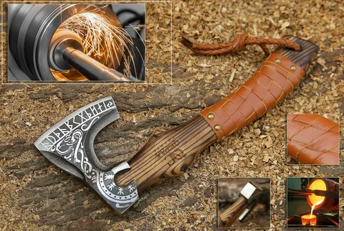 Vista 8 de [Usado] Hacha Vikinga de 13 Pulgadas - Hachetas y Hachas con Mango de Madera de Fresno y Envoltura de Cuero, Hacha para Partir Leña, Hacha
