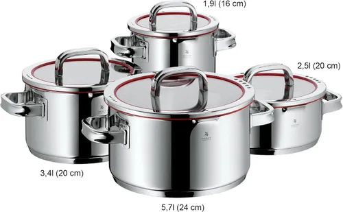 Vista 4 de WMF Juego de 4 cacerolas de inducción con tapa de vidrio de acero inoxidable pulido Cromargan con 4 funciones de vertido, ollas de inducción, escala