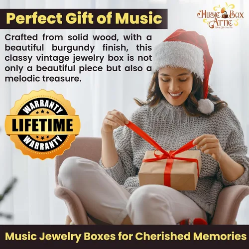 Vista 9 de Impresionante joyero musical biselado color burdeos con motivo floral artístico, muchas canciones para elegir, Madera