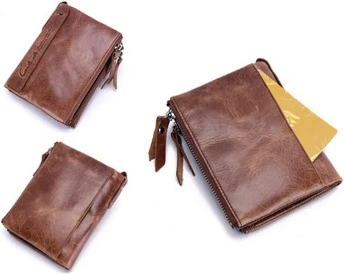 Vista 6 de FENICAL billetera plegable de piel para hombre, billetera con doble cremallera, ligera, unisex, color marrón