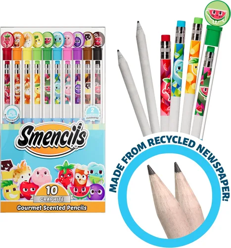 Vista 3 de Smencils - Lápices patentados de grafito perfumado gourmet HB #2 hechos de periódicos reciclados, 10 unidades, regalos para niños, suministros