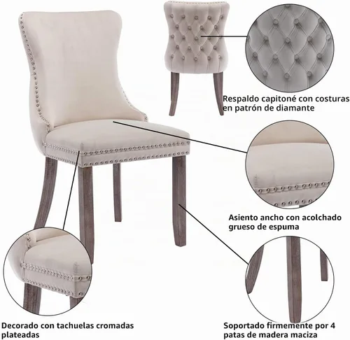 Vista 6 de mikibama Juego de 2 sillas de comedor tapizadas de terciopelo con respaldo de ala, sillas de comedor con patas de madera maciza con botón de cabeza