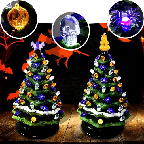 Vista 6 de 117 bombillas de repuesto para árboles de cerámica de Halloween, incluyendo cráneo/cabeza de calabaza, araña y 2 tapas temáticas de árbol